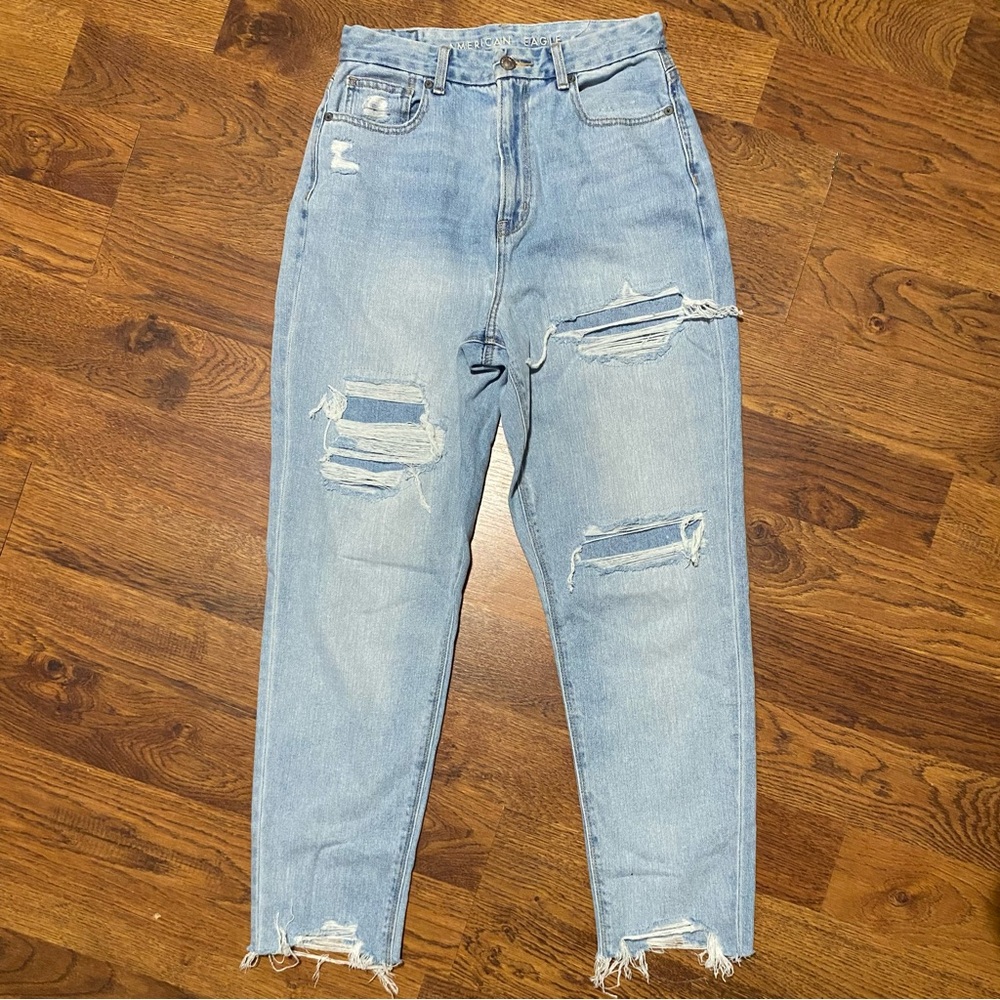 American Eagle Curvy Mom Jeans Sz 4R Patch Distressed High Waisted 90s Preppy AE